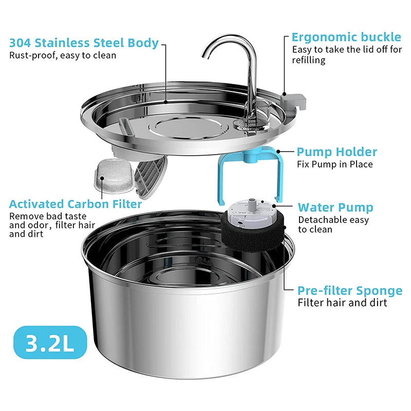 3.2L Automatic Stainless Steel Fountain with a Filter