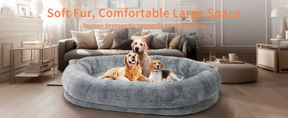Luxury Large Human Sized Dog Bed Giant Soft Fur Beanbag Calming Mattress Thermal Pet Dog Napping Bed with Cozy Blanket Washable